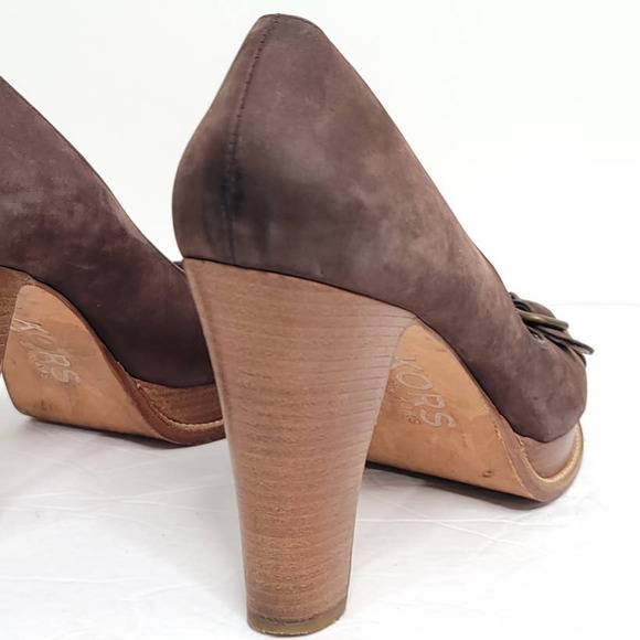 Michael Kors Open Toes Brown Heels Size 10M GENUINE All LEATHER SHOES Wood Heel - Picture 6 of 7